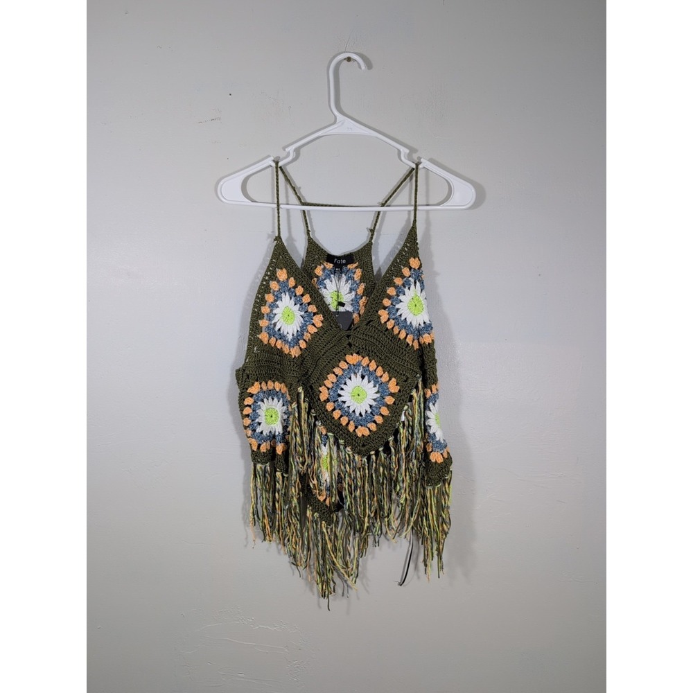 Fate Olive Crochet Fringe Tank with Multicolor Floral Squares